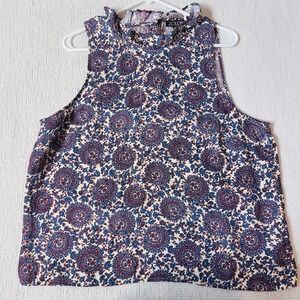 J. Crew Fleur 100% Linen Top Sz L Sleeveless Tank Bohemian Floral  Ruffle Boho